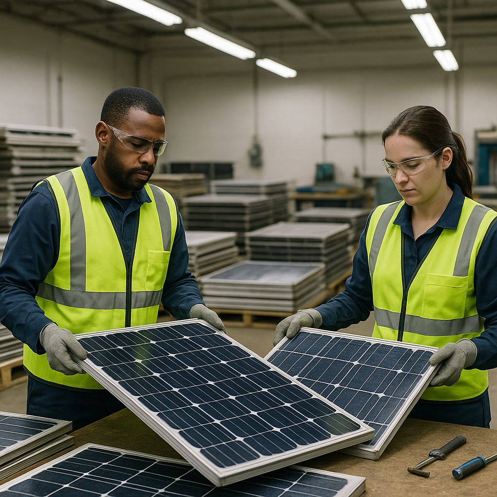 Technicians wearing safety vests handle used solar panels inside a clean recycling facility, sorting and inspecting them for recycling.