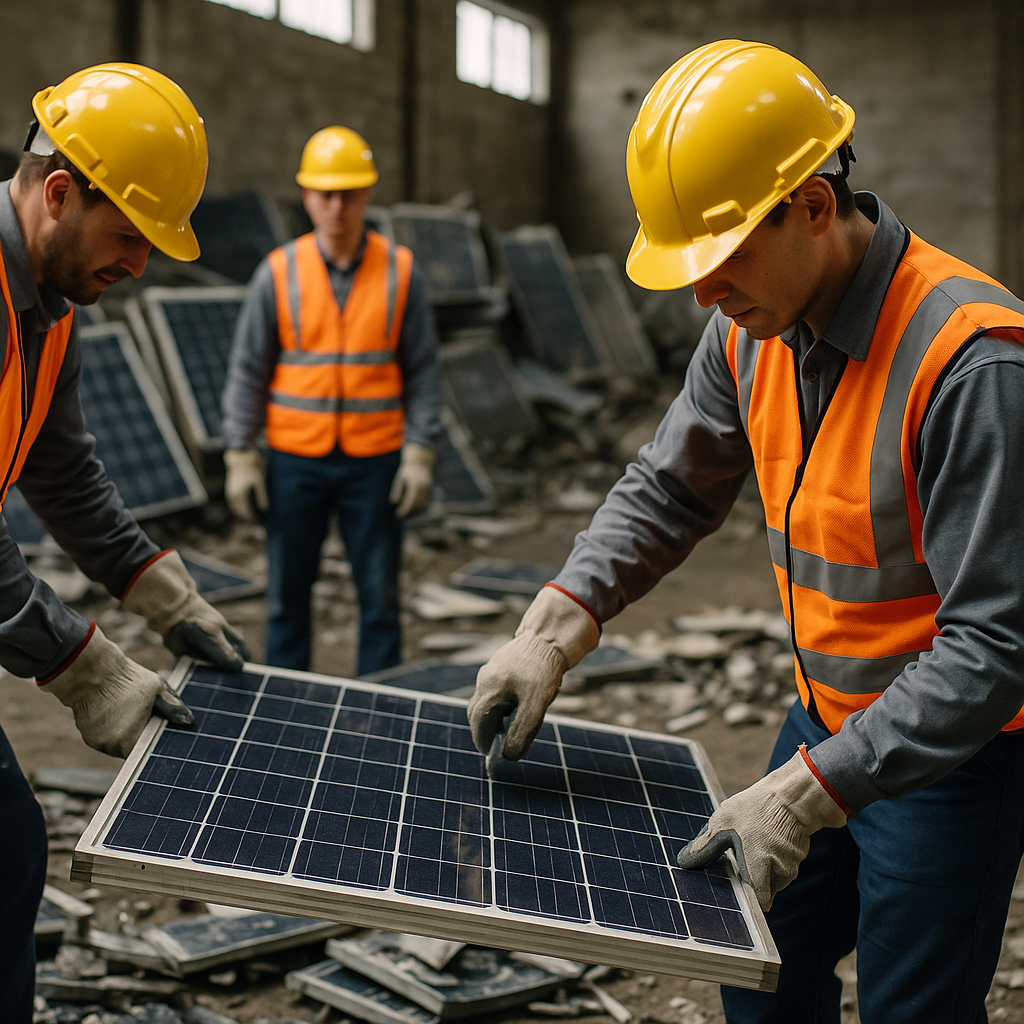 Manual Dismantling of Solar Panels in Recycling Facility Workers in safety gear manually dismantling old solar panels in a recycling facility with debris visible.