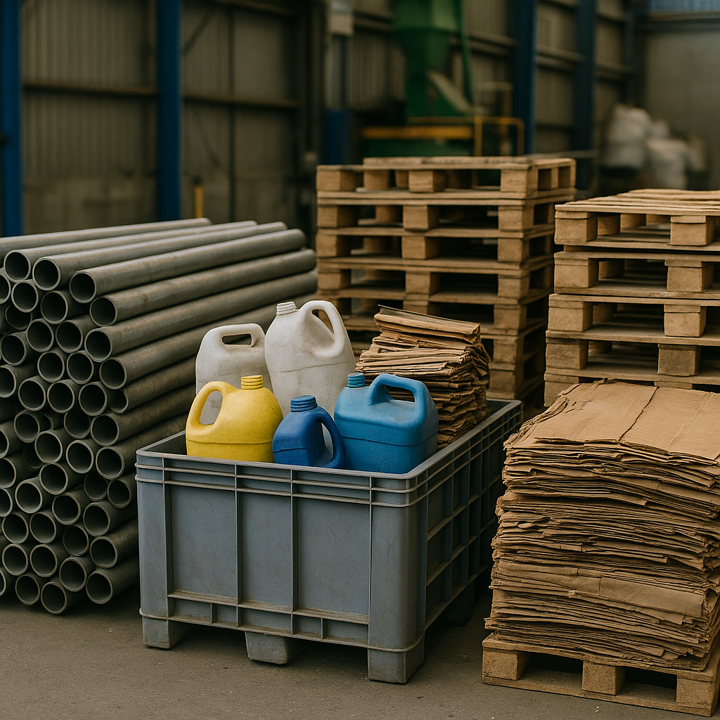 A variety of sorted industrial scrap materials including metal pipes, plastic containers, wooden pallets, and cardboard neatly arranged in a recycling facility under natural daylight.