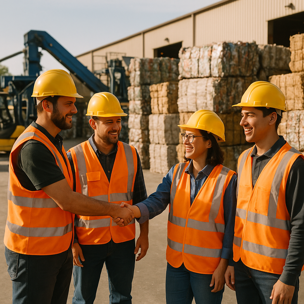 Team Celebrating Recycling Project Success Team of workers overseeing organized piles of recycled materials at a facility, shaking hands in sign of project success.