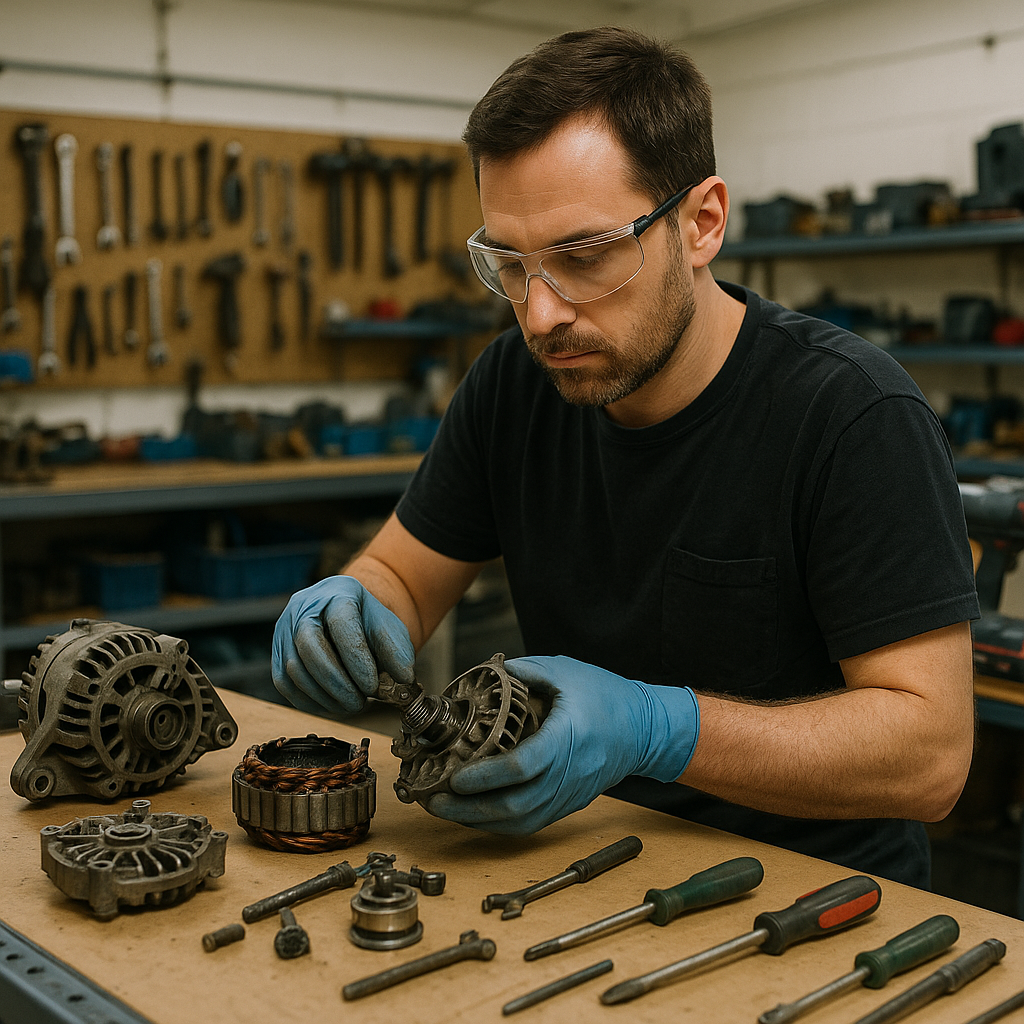 Technician dismantling used machinery with organized components on a clean bench in a workshop.