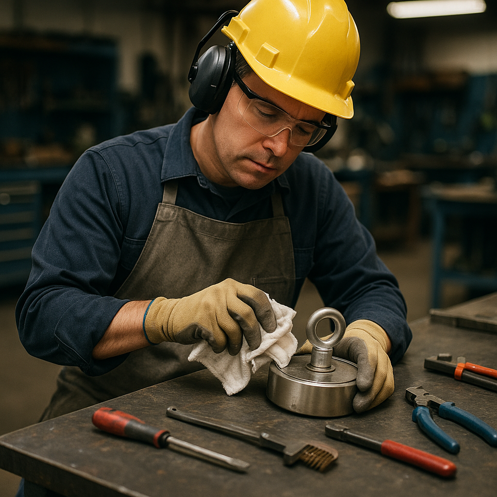 Technician Inspecting Fishing Magnet Technician in safety gear cleaning and inspecting a fishing magnet in a workshop with tools
