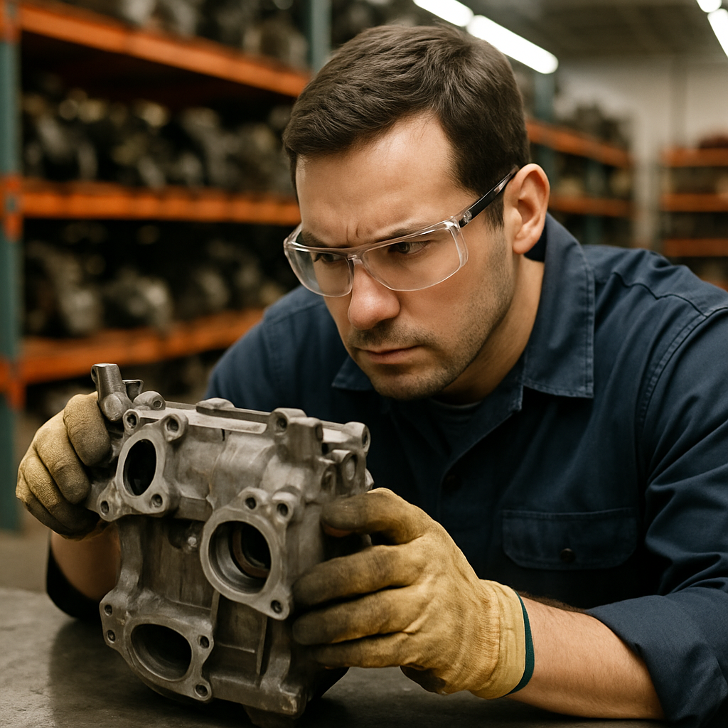 Technician Working on Engine Component Technician in safety gear inspecting engine component at a workbench with salvaged parts in the background.