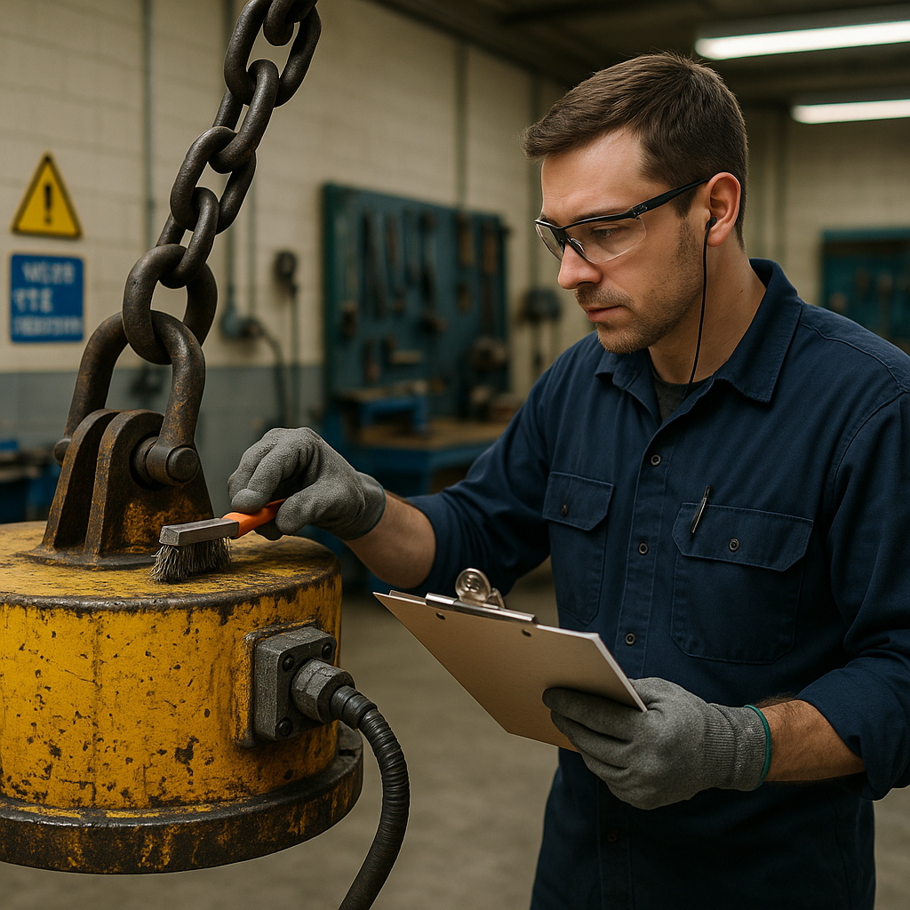 Technician Inspecting Scrap Lifting Magnet A technician inspecting and cleaning a large scrap lifting magnet in a well-lit maintenance workshop, using a checklist and tools, with safety signs visible.