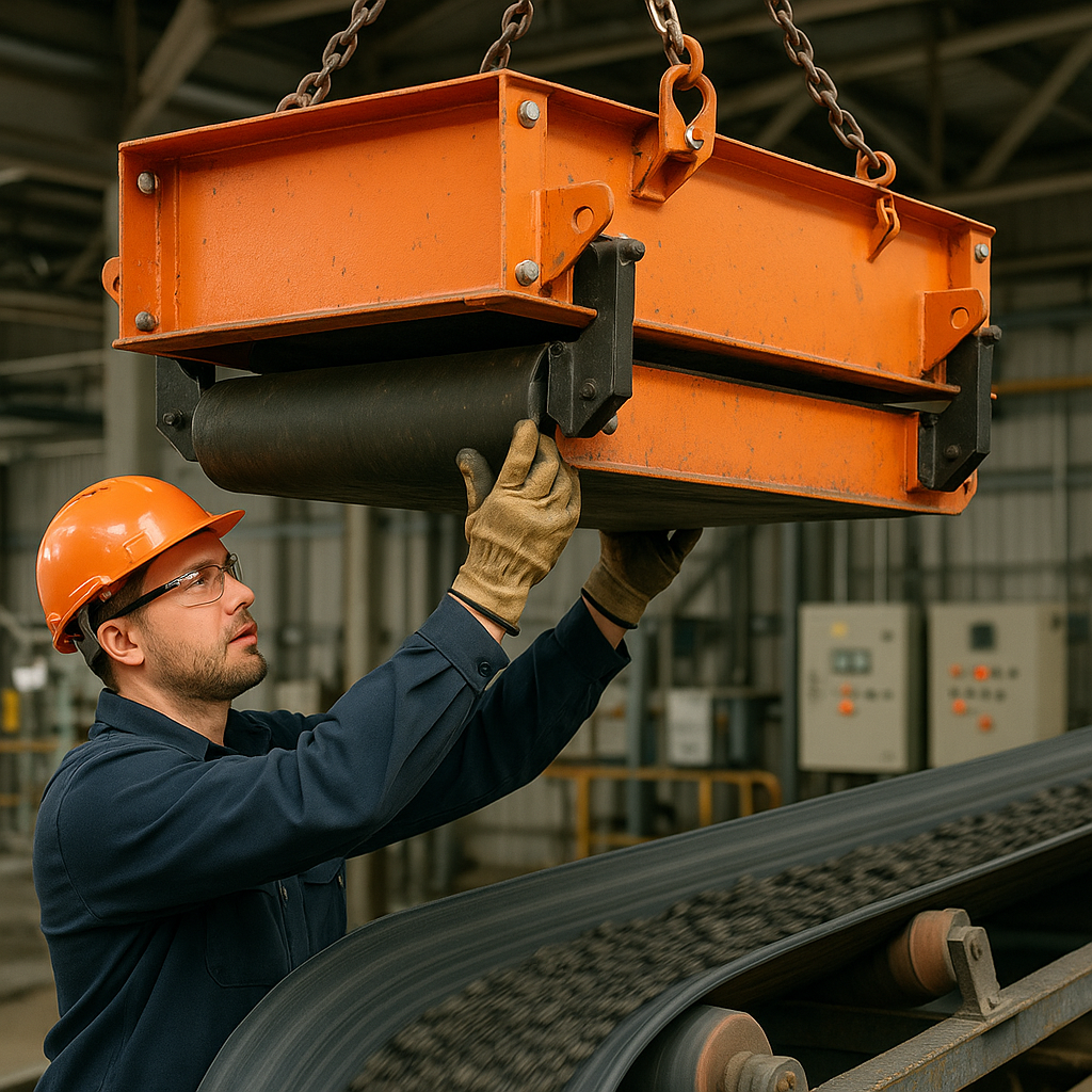 Installation of Overband Magnet by Technician Technician in safety gear installing a large overband magnet above a moving conveyor belt in an industrial setting