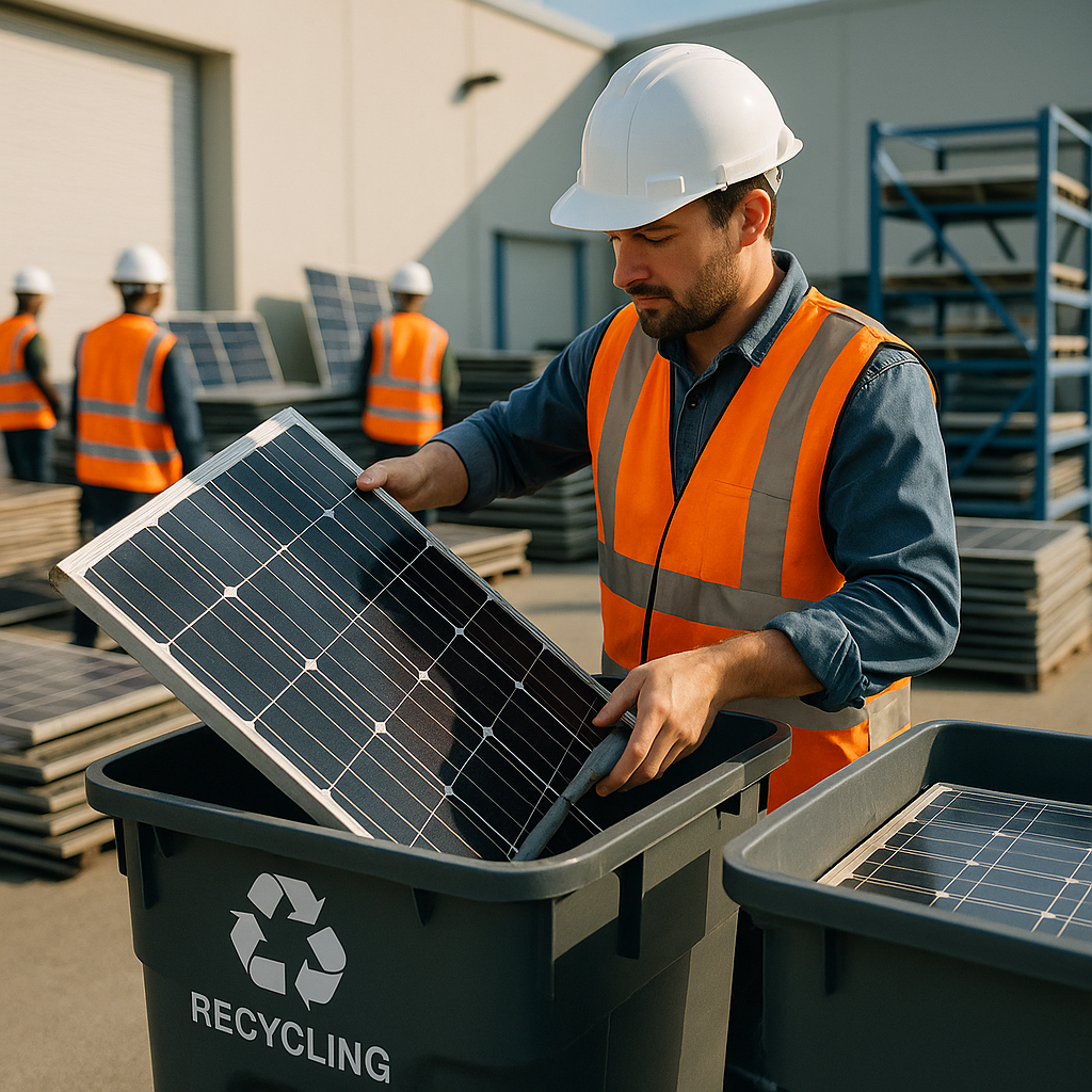 Recycling Used Solar Panels Technician placing used solar panels into recycling containers at a modern recycling facility with natural lighting.