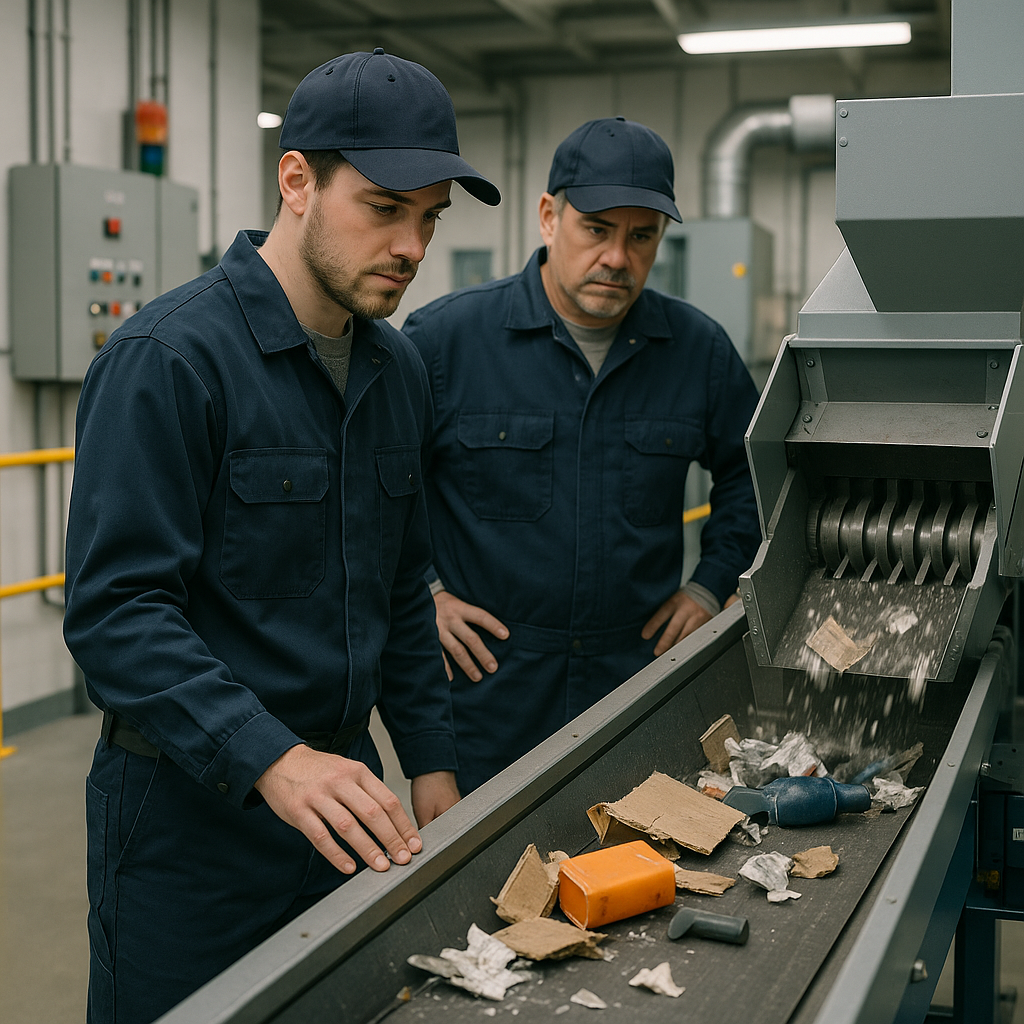Technicians overseeing conveyor belt feeding unwanted products into shredding machines in a modern facility.