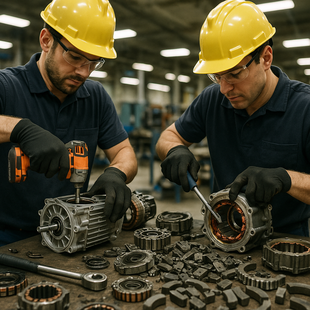 Technicians in safety gear disassembling electric car motors in an industrial workshop with complex tools and a mixed pile of used components and magnets.