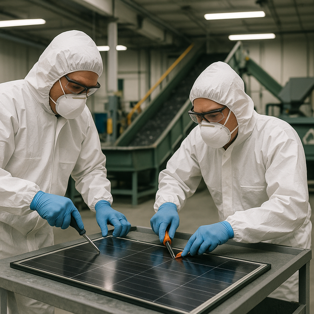 Dismantling Thin Film Solar Panels Technicians in protective gear dismantling thin film solar panels in a clean industrial facility with conveyor belts and recycling equipment.