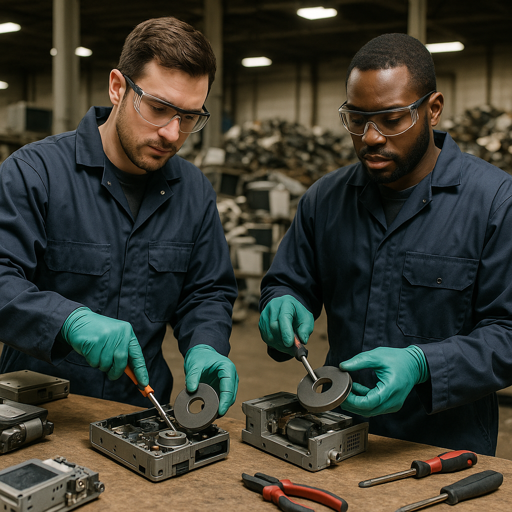 Technicians Recycling Electronics Technicians in safety gear recycling old electronics and extracting magnets at a workbench in an industrial facility, with piles of used devices in the background.