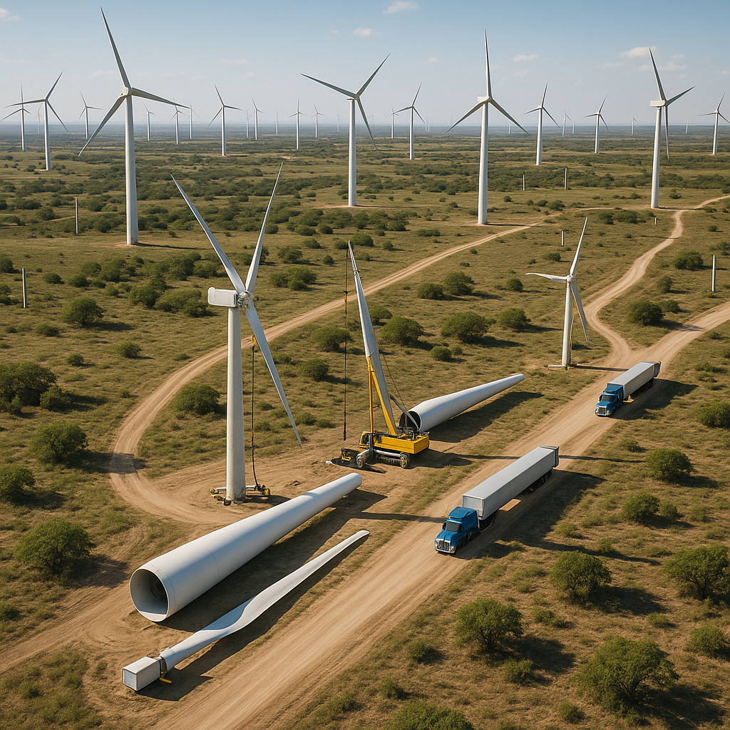 Aerial view of a large wind farm in Texas with turbines being dismantled and trucks hauling away turbine parts.