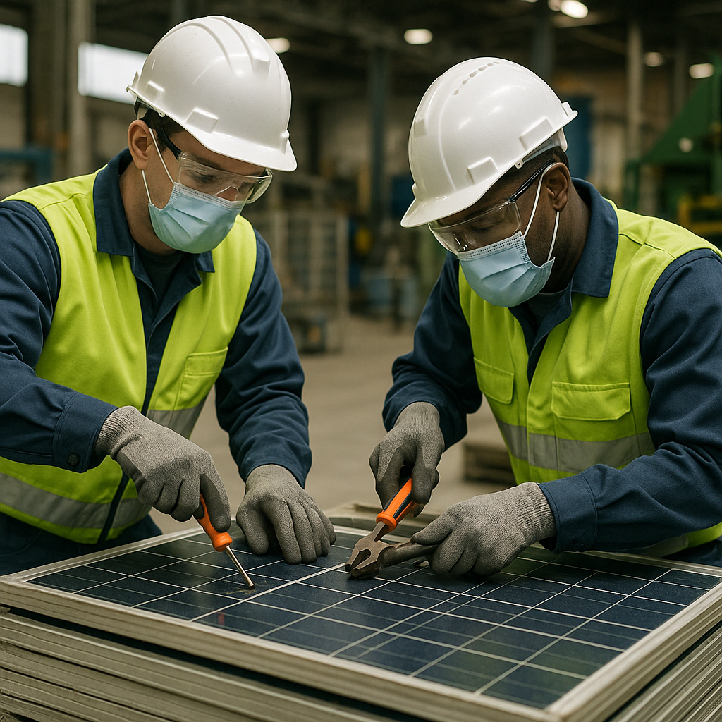 Close-up of used solar panels being disassembled by technicians in protective gear at a recycling facility, highlighting environmental responsibility.