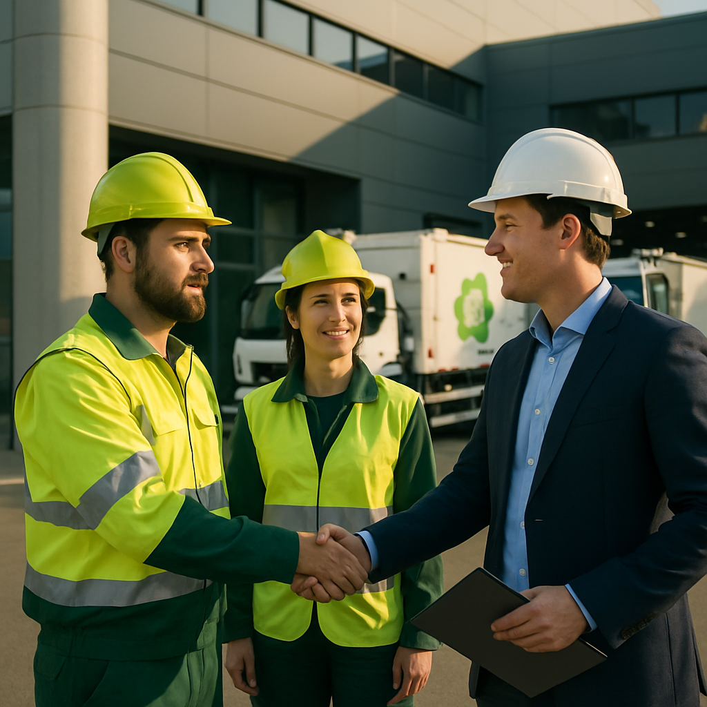 Waste Management Collaboration Waste management experts shaking hands with factory manager outside a modern facility with recycling trucks in the background.