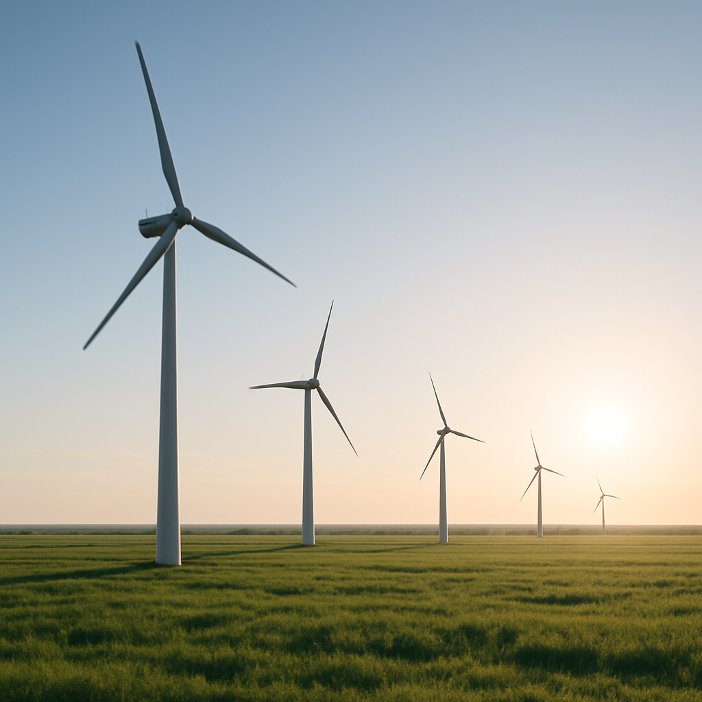 Wide Texas landscape with modern wind turbines under a blue sky and green fields, depicting a sunrise over a clean energy farm.
