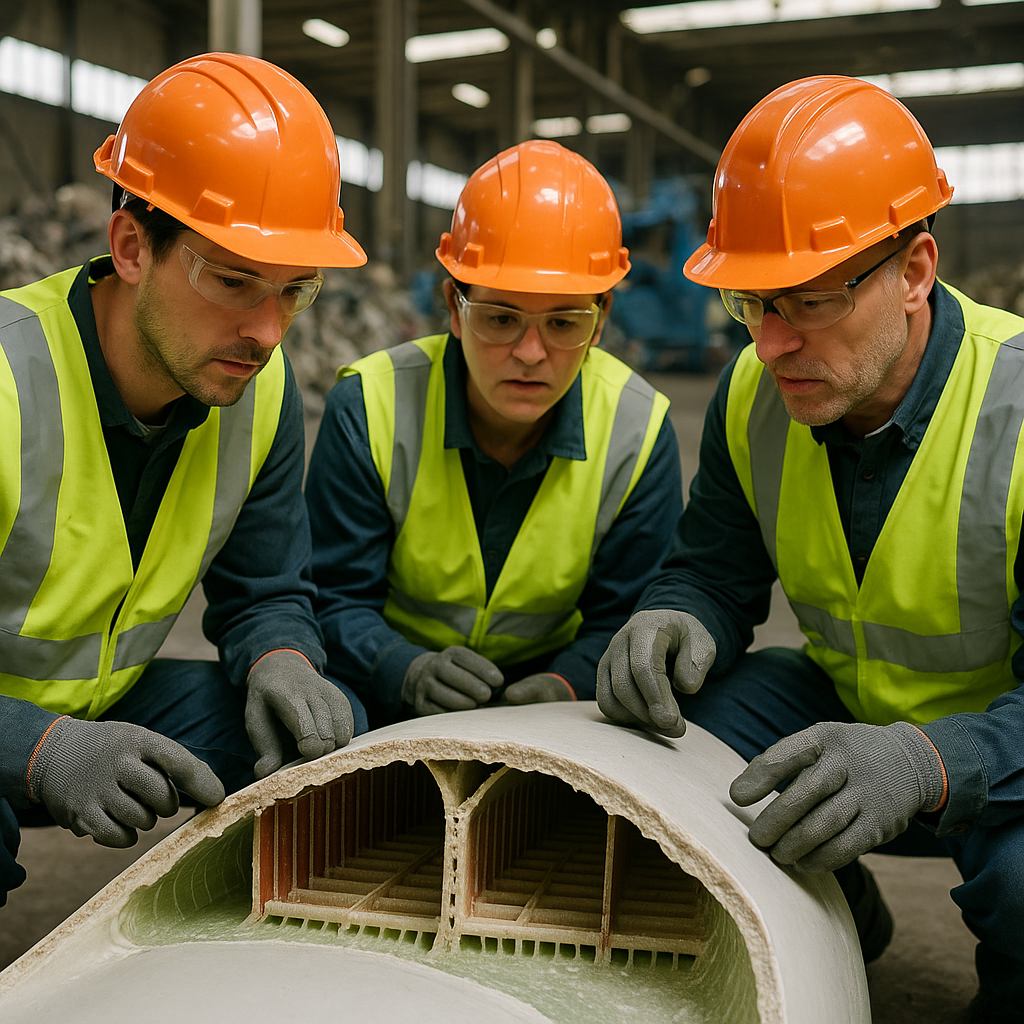 Close-up of workers examining a cross-section of a massive wind turbine blade, revealing complex composite layers with a recycling facility in the background.