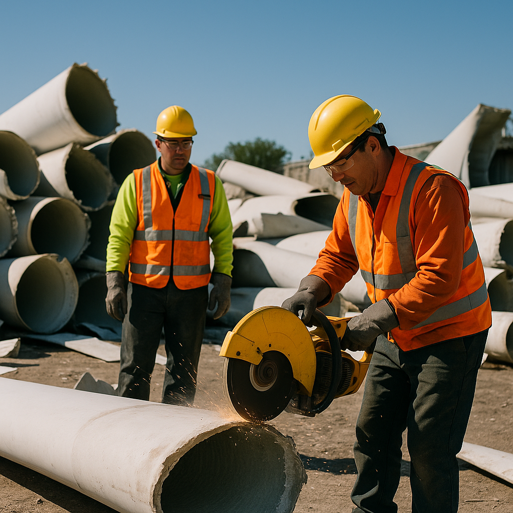 Workers in safety gear using heavy machinery to cut large wind turbine blades in an open recycling facility with piles of blade sections and a clear blue sky.