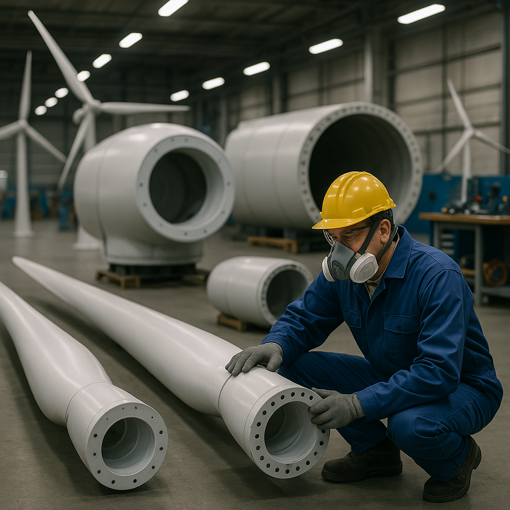 Close-up of wind turbine parts including blades, tower, and nacelle on a clean factory floor with a technician examining them for recycling under industrial lighting.