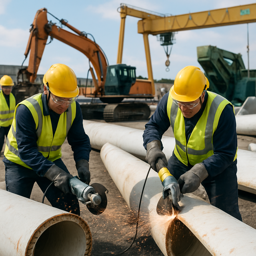 Workers in safety gear cutting large decommissioned wind turbine blades in an industrial recycling facility with modern machinery.