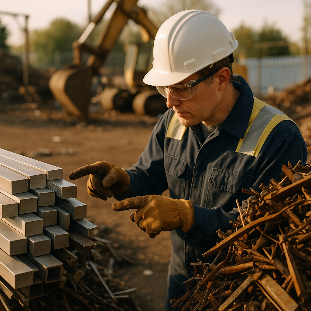 Comparison of Steel Piles in Scrapyard Worker comparing two piles of steel in an industrial scrapyard: one pile with clean, cut steel pieces and another with mixed, rusted metal scrap.
