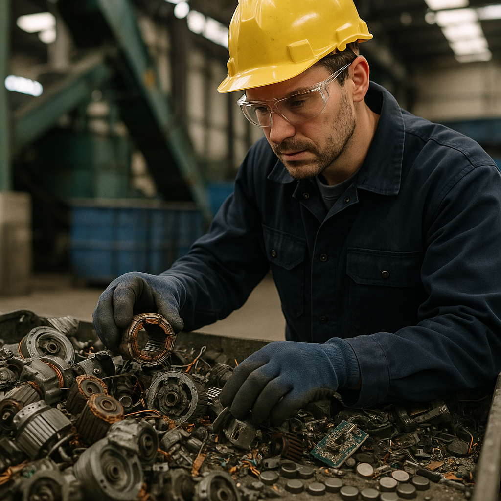 Worker in protective gear examining used electronics and disassembled motors with scattered small magnets in an industrial recycling facility.