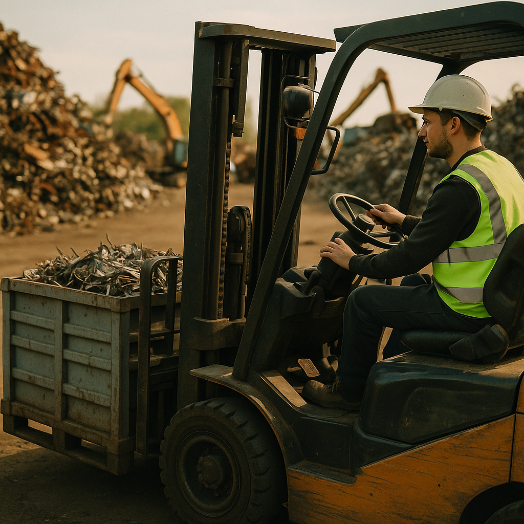 Worker Operating Forklift in Scrap Yard Worker in reflective vest operating a forklift, moving scrap metal bins in an industrial scrap yard with sorted metal piles in the background.