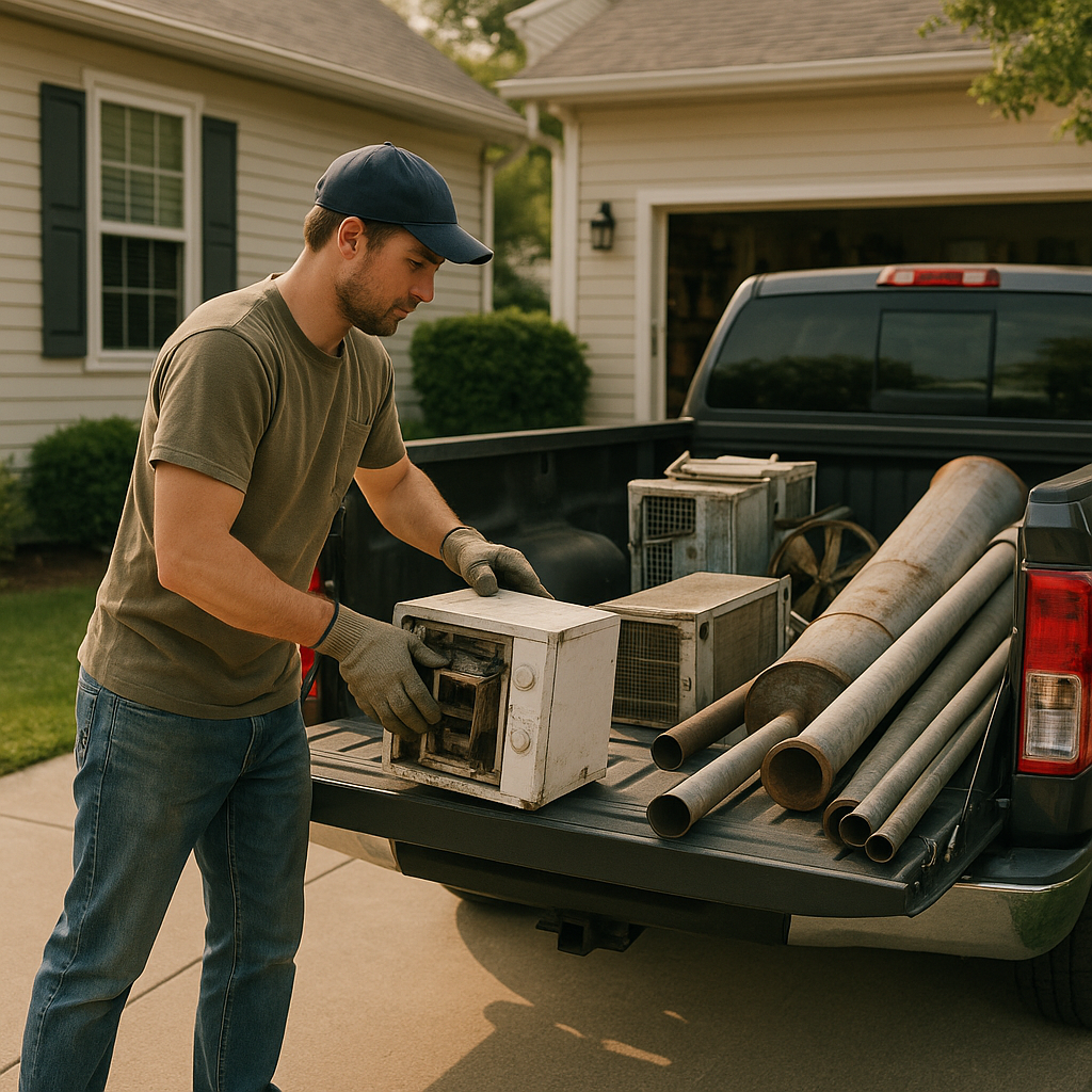 Worker Loading Appliances Worker loading old metal appliances and pipes into a truck outside a clean and organized home.