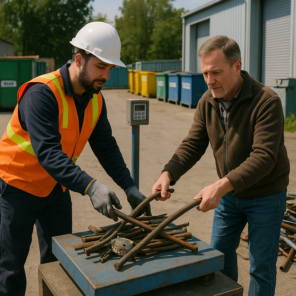 Worker Assisting Customer at Recycling Center A worker in a safety vest assists a customer at a recycling center, loading scrap metal onto scales with industrial equipment and trucks in the background.