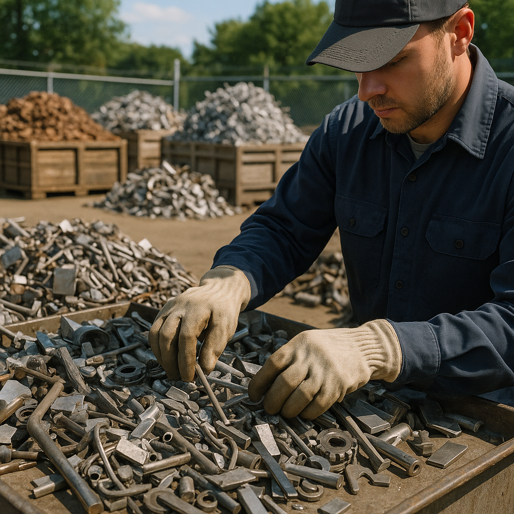 Worker Sorting Metal Scrap in Scrapyard Worker wearing gloves sorting through metal scrap in a scrapyard under bright daylight