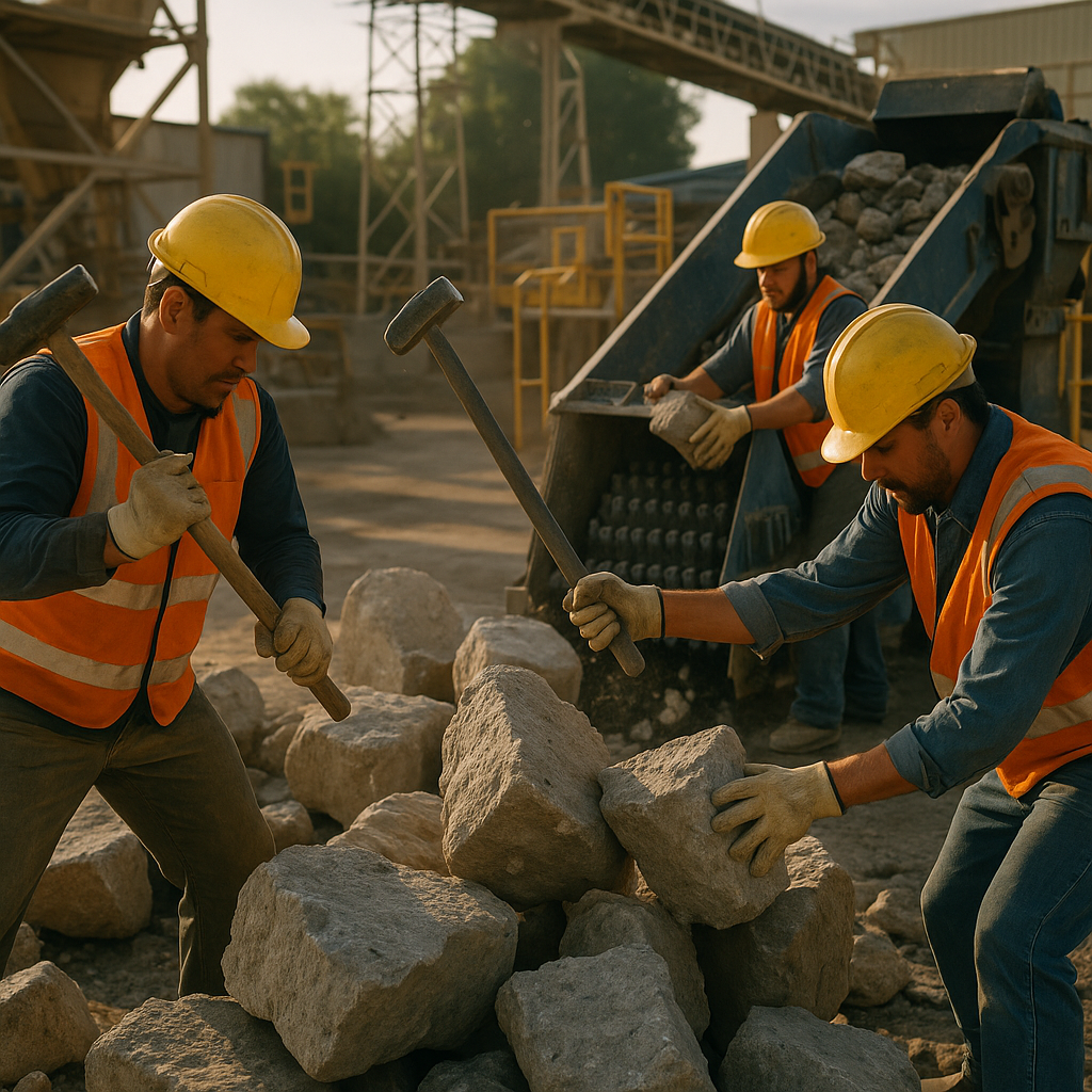 Workers breaking up large chunks of hardened concrete and feeding them into a crushing machine at a recycling plant.