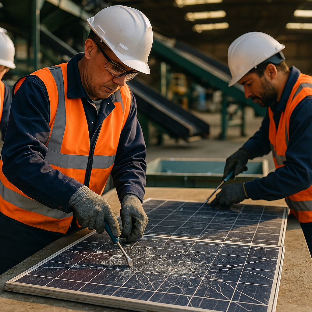 Disassembling Broken Solar Panels at Recycling Facility Workers in safety gear disassembling broken solar panels with visible cracks at a recycling facility, with conveyor belts and sorting stations in the background.