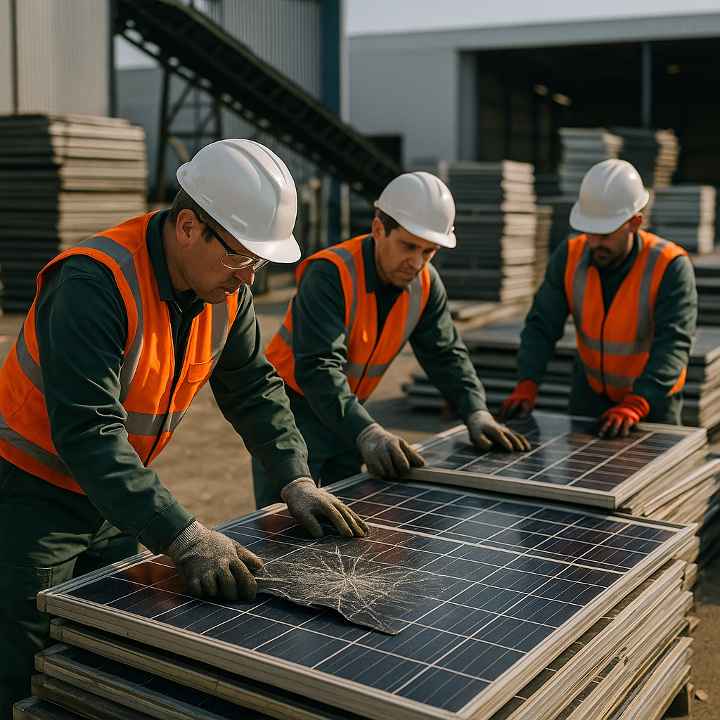 Dismantling Damaged Solar Panels at Recycling Facility Workers in safety gear dismantling damaged solar panels at a modern recycling facility, with conveyor belts and stacks of panels in the background.