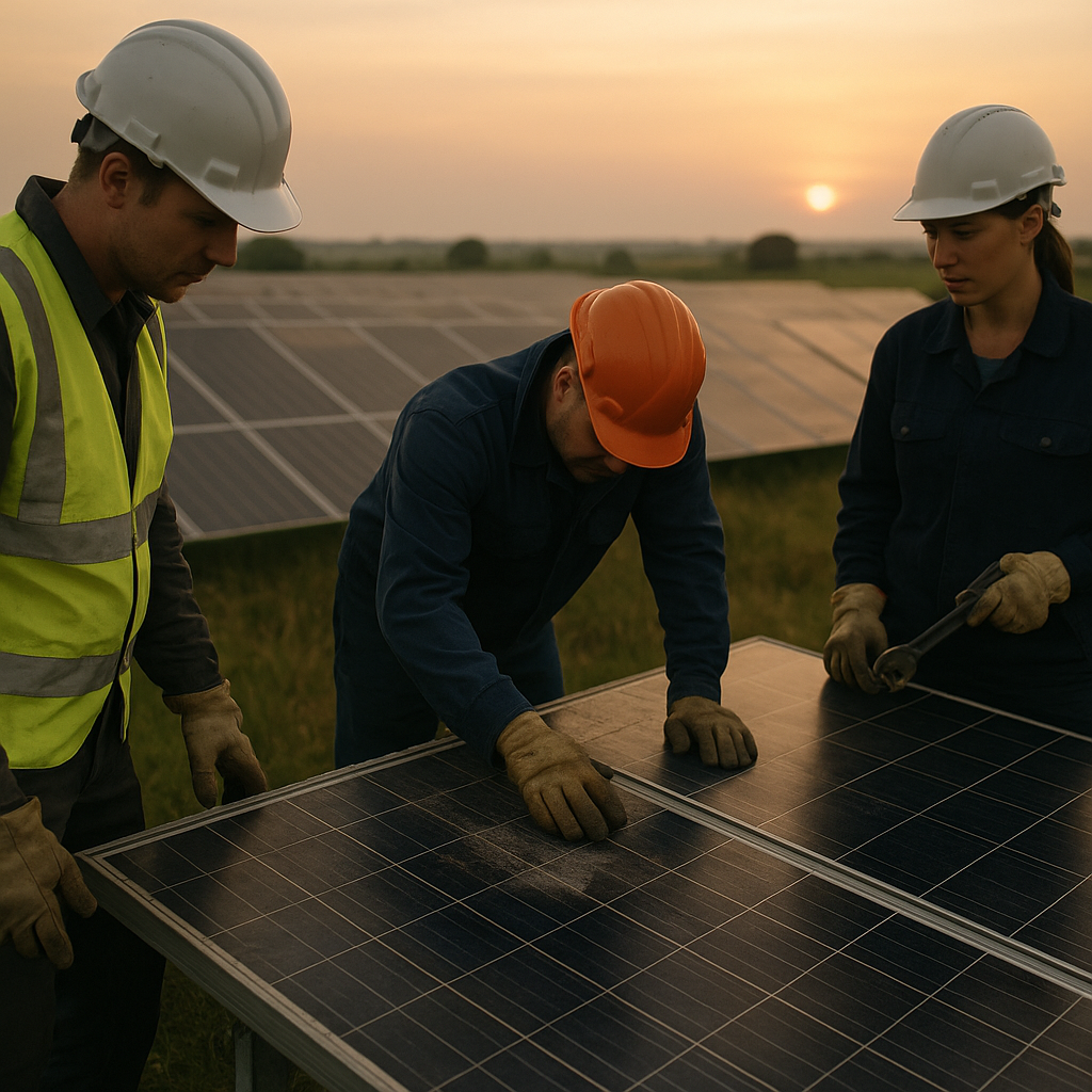 Workers inspecting aging solar panels in a large solar farm during sunset, with rural landscape in the background.