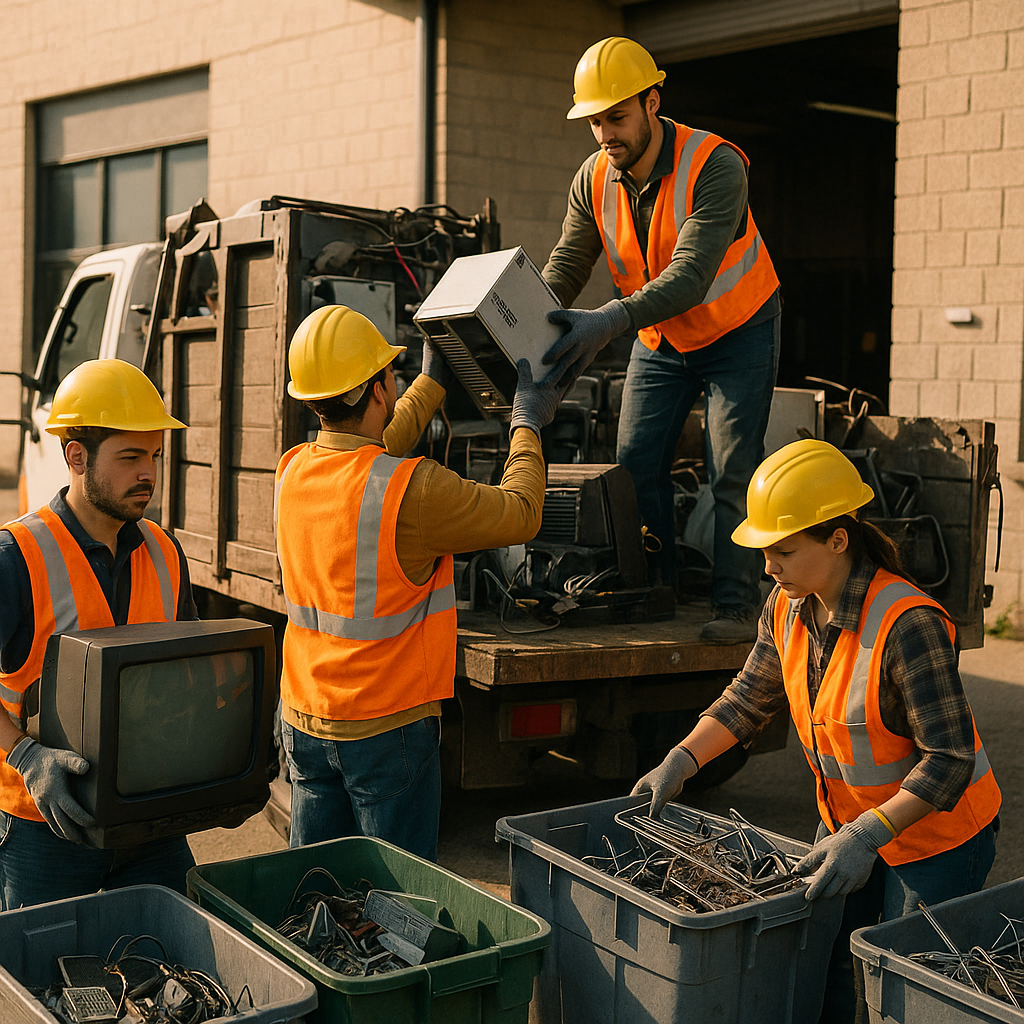 Team of workers in safety vests loading old electronics and metal scrap onto a truck outside a business building, with sorting bins visible nearby.