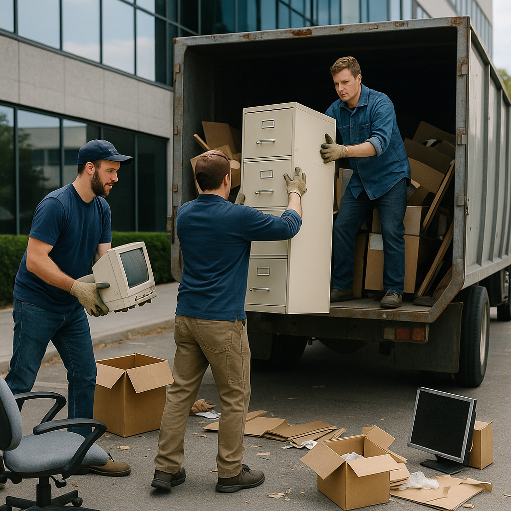 Workers loading old office furniture, broken electronics, and cardboard boxes onto a large disposal truck outside a business building in broad daylight.