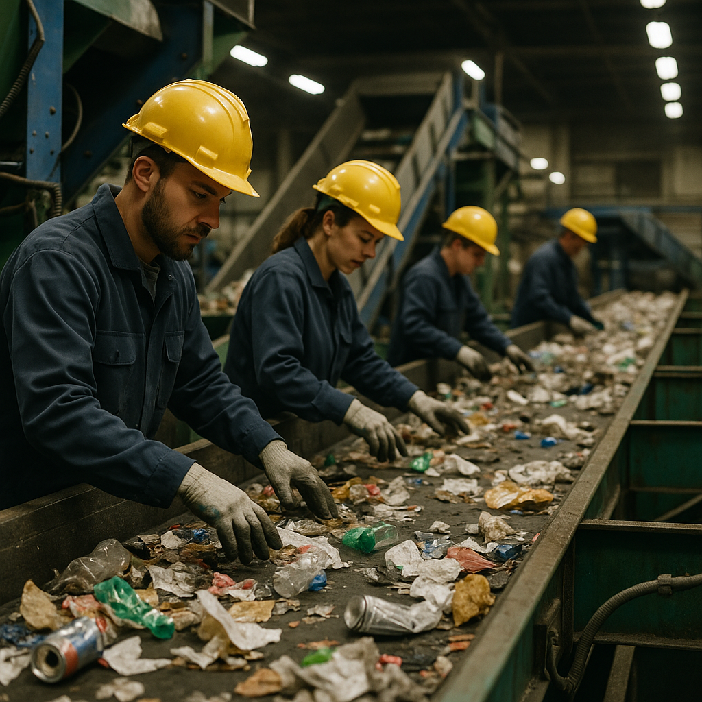 Workers operating machinery on a factory floor with conveyor belts moving sorted recyclables, wearing safety gear