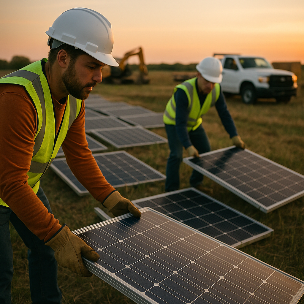 Solar Panel Removal at Sunset Workers in safety vests removing solar panels from an open field during a sunset, with trucks and equipment in the background.