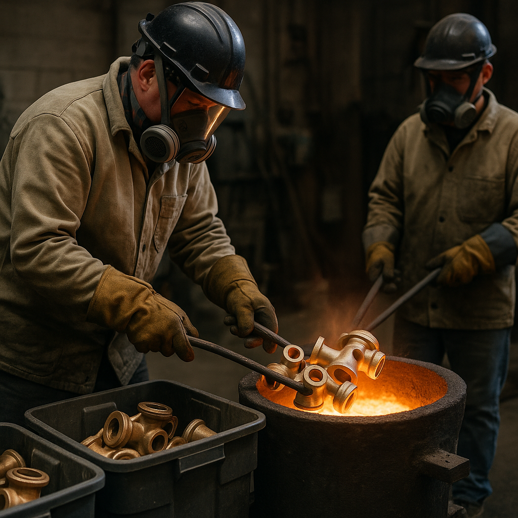 Workers sorting and melting bronze valve parts in a foundry, with a glowing furnace and recycling bins visible.