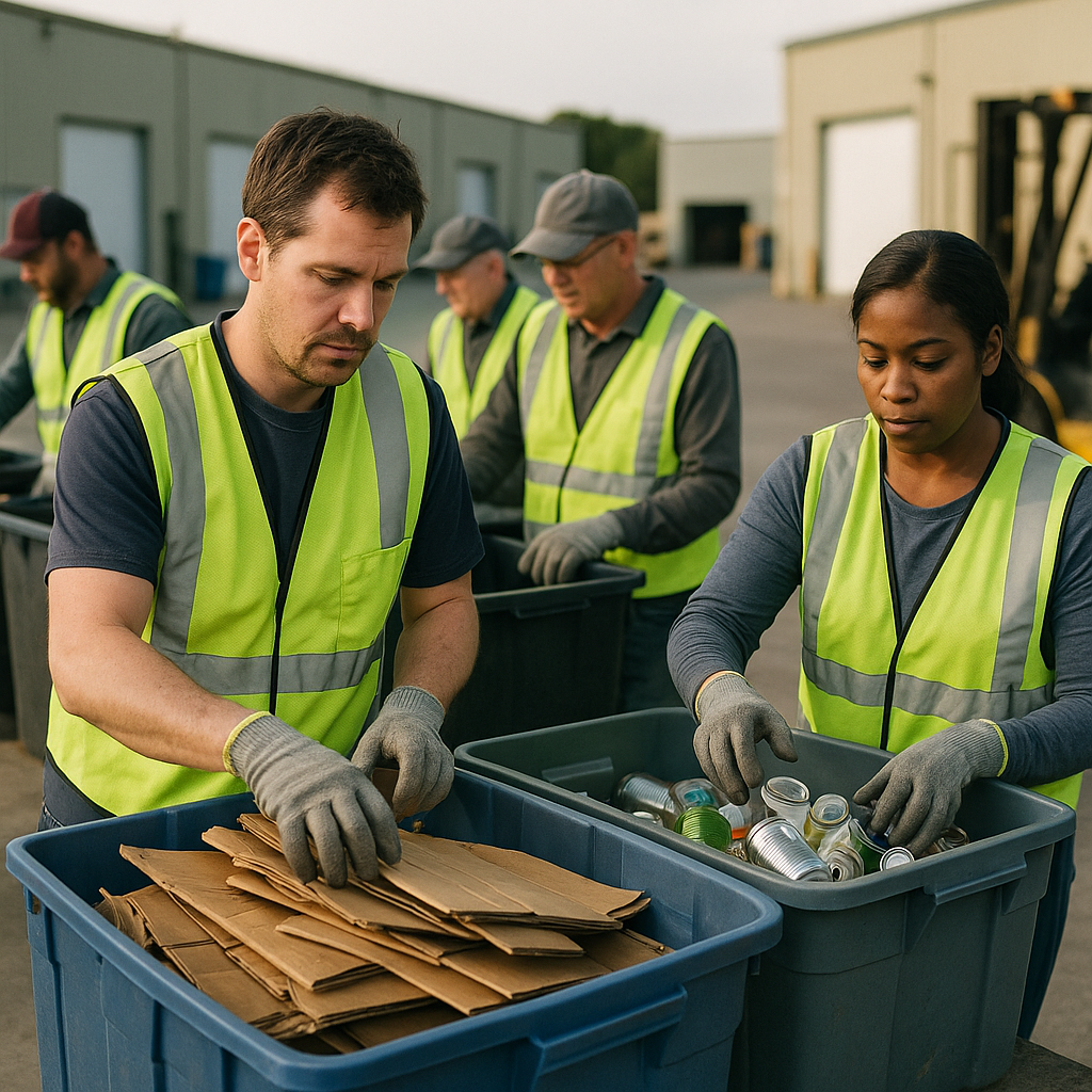 Workers sorting cardboard and metal recyclables in a commercial recycling facility with a forklift in the background.