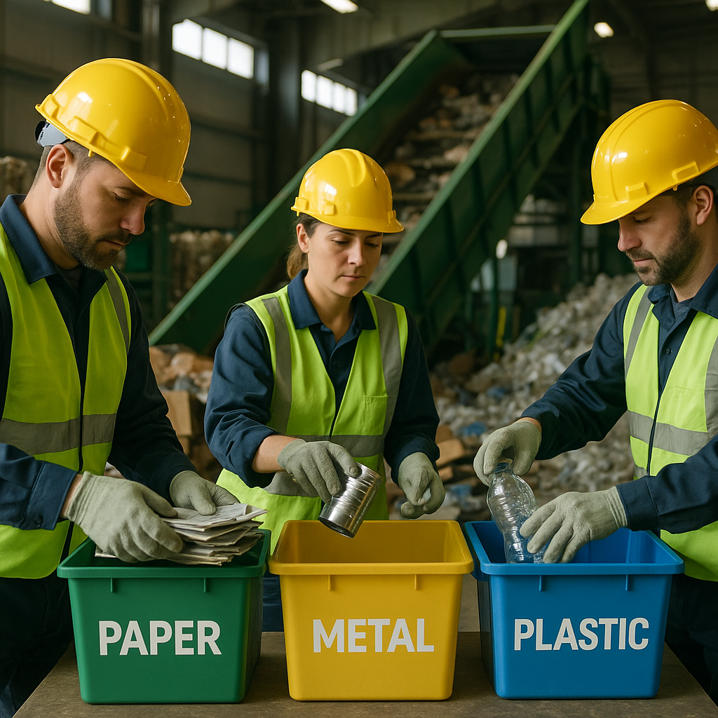 Recycling Workers at Texas Factory Workers in safety gear sorting recyclable materials at a modern Texas factory with labeled bins for paper, metal, and plastics, and a recycling conveyor in the background.