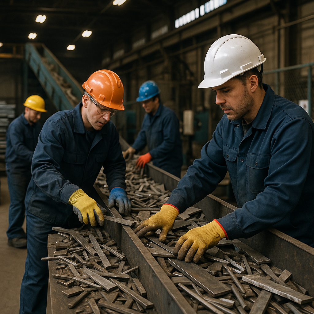 Workers wearing safety gear sorting and loading scrap metal onto a conveyor belt in an industrial facility.
