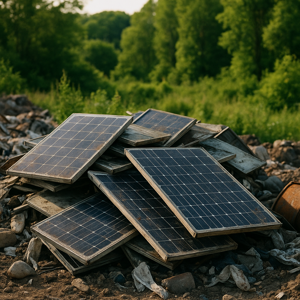 Contrast of Pollution and Nature in Solar Panel Waste Worn-out solar panels cluttering a landfill beside healthy green nature, showcasing the contrast between pollution and a clean environment.