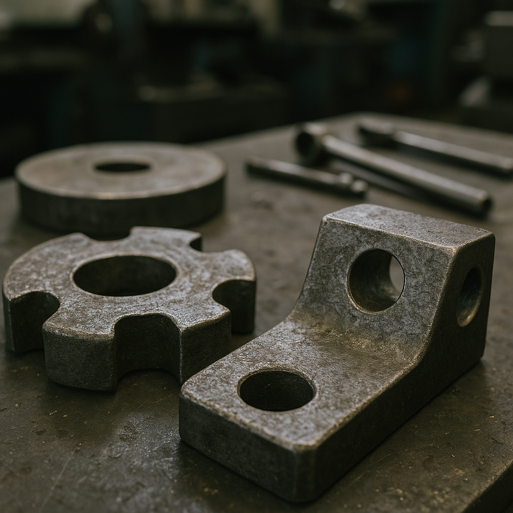 Close-up of Manganese Steel Machine Parts Close-up of worn manganese steel machine parts showing detailed textures on an industrial workshop table
