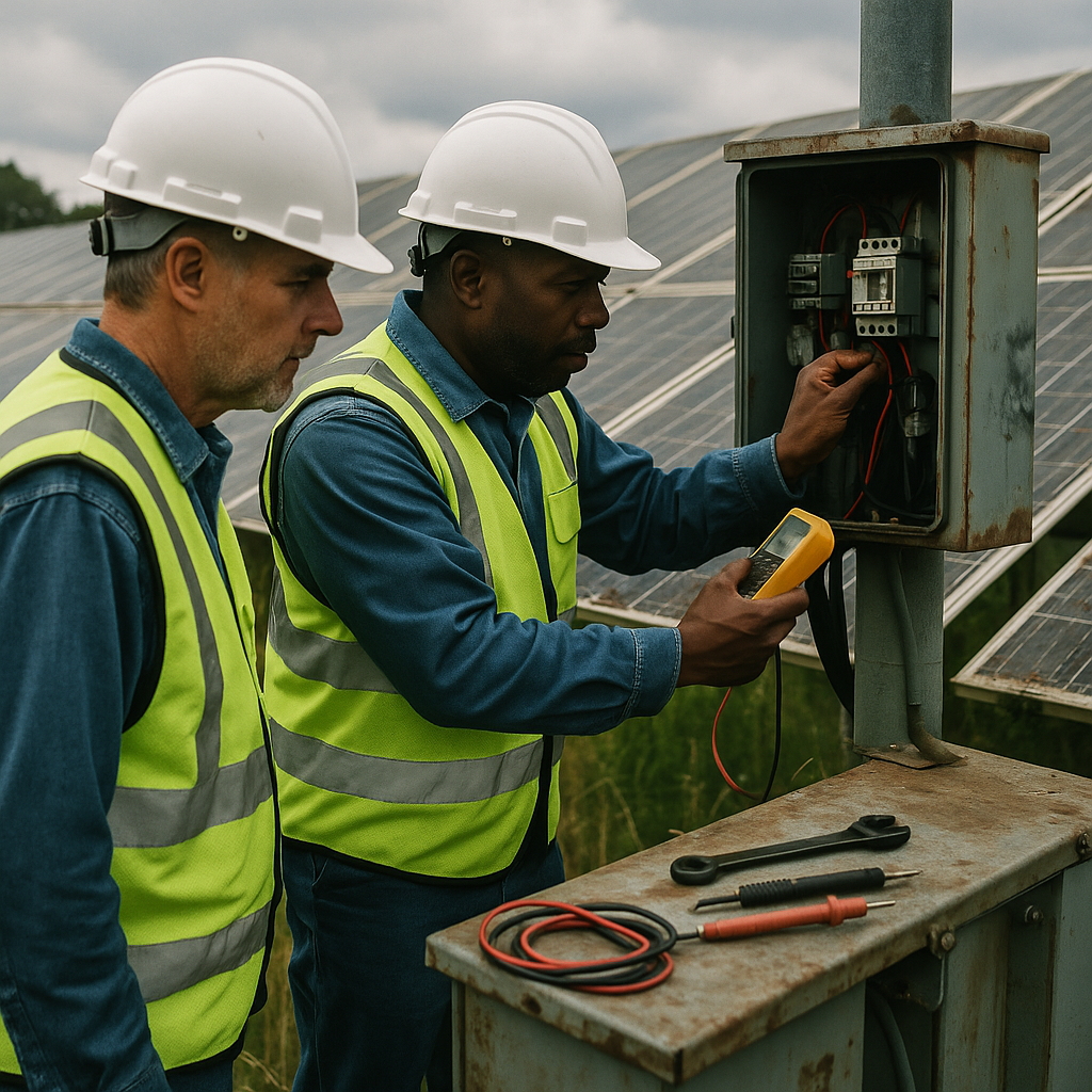 Aging solar farm with faded panels and overgrown grass, maintenance workers inspecting equipment under a cloudy sky, showing subtle signs of wear and risk.