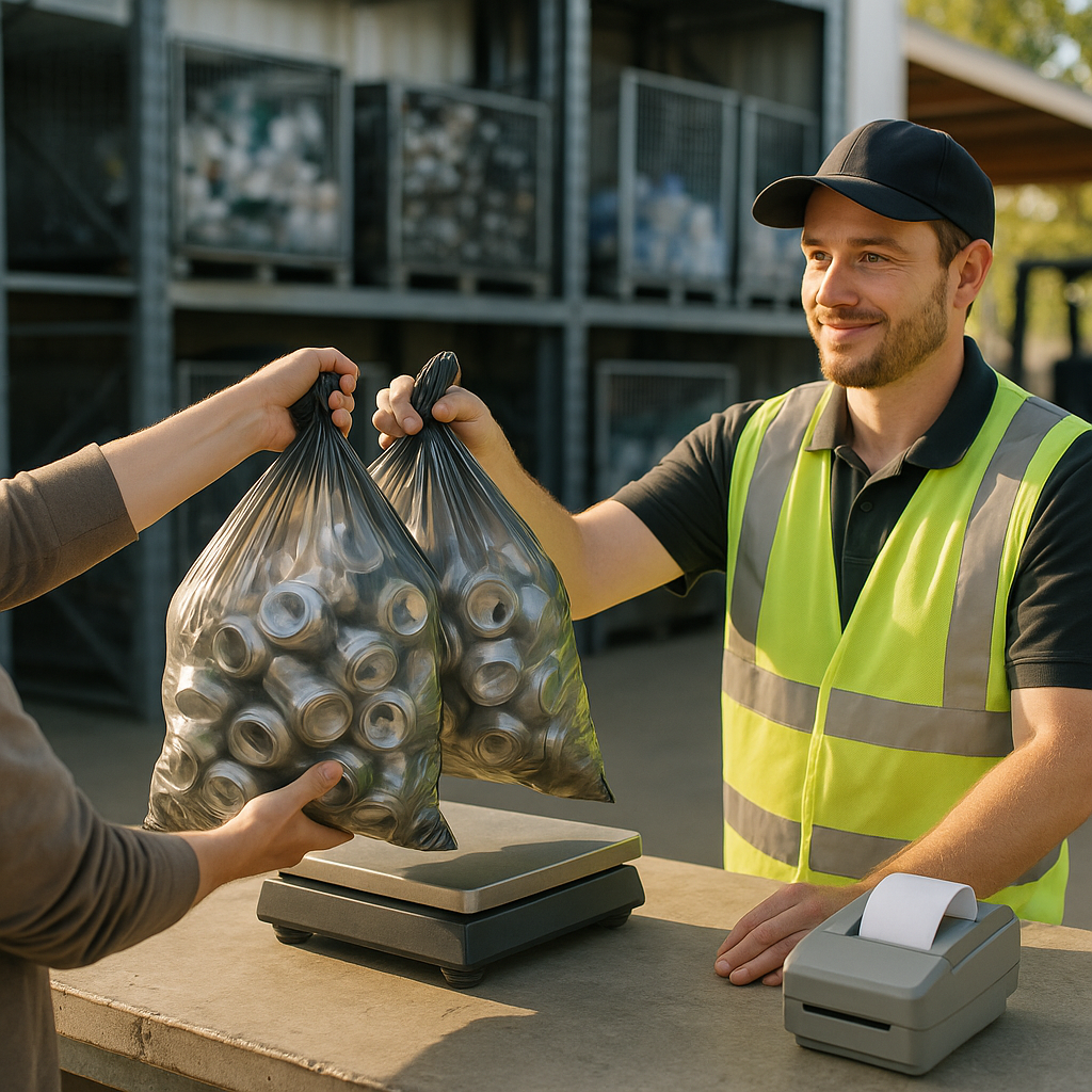 Person handing over bags of aluminum cans to a worker at a recycling facility counter during the daytime.
