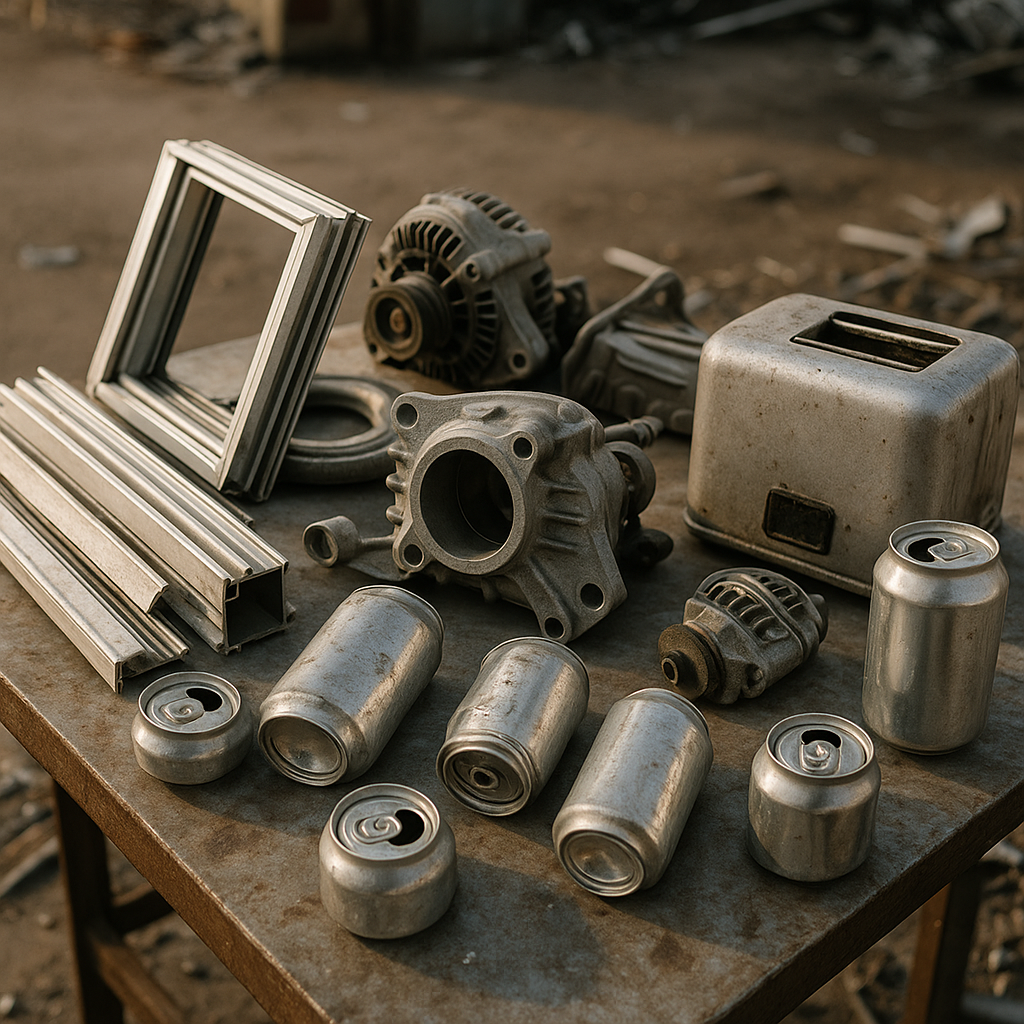 A variety of aluminum items including beverage cans, window frames, car parts, and old appliances on a scrapyard table.