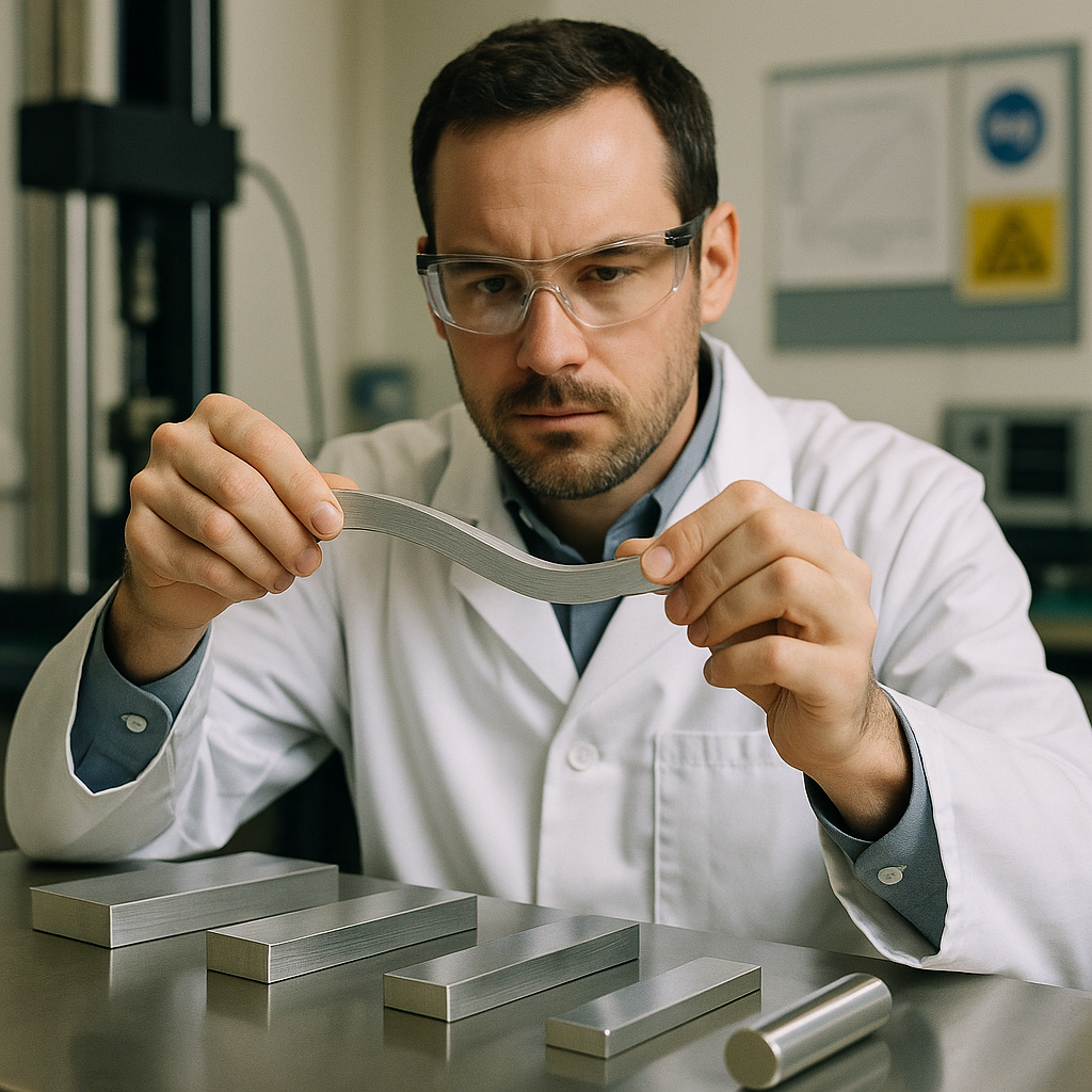 Close-up of aluminum samples demonstrating lightweight metal and flexibility, with an engineer holding an aluminum bar to show strength.