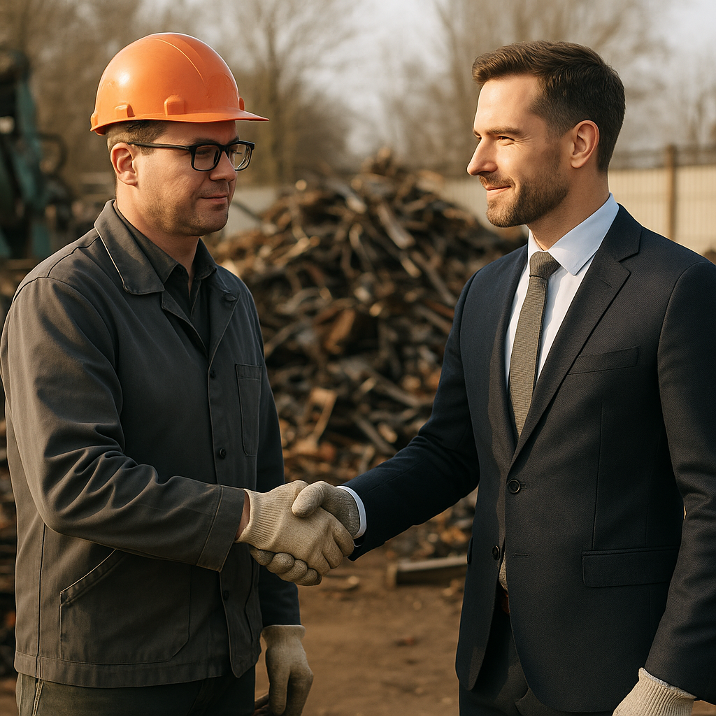 A business handshake between an industrial client and a metal buyer at a scrap yard, surrounded by piles of metal and equipment under natural daylight.
