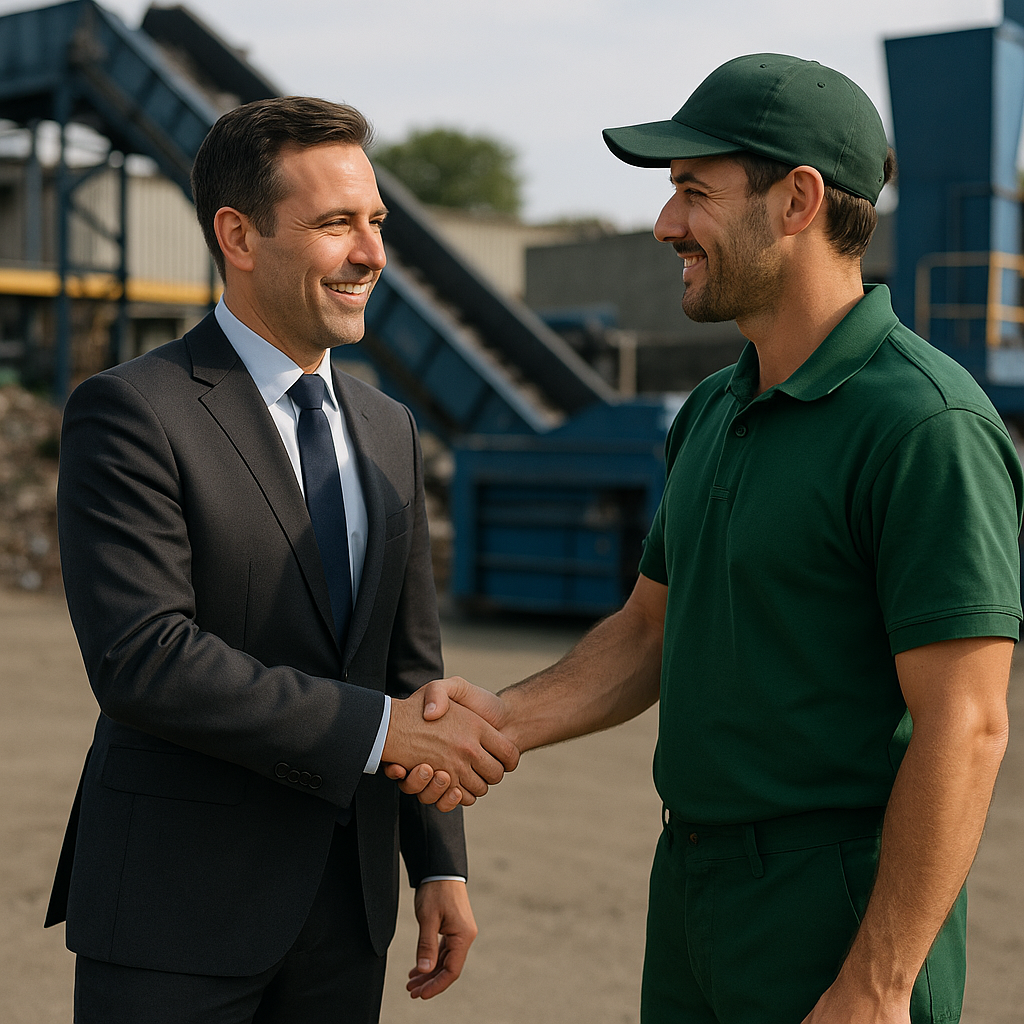 Business manager shaking hands with recycling company representative at an industrial yard, with recycling equipment in the background.
