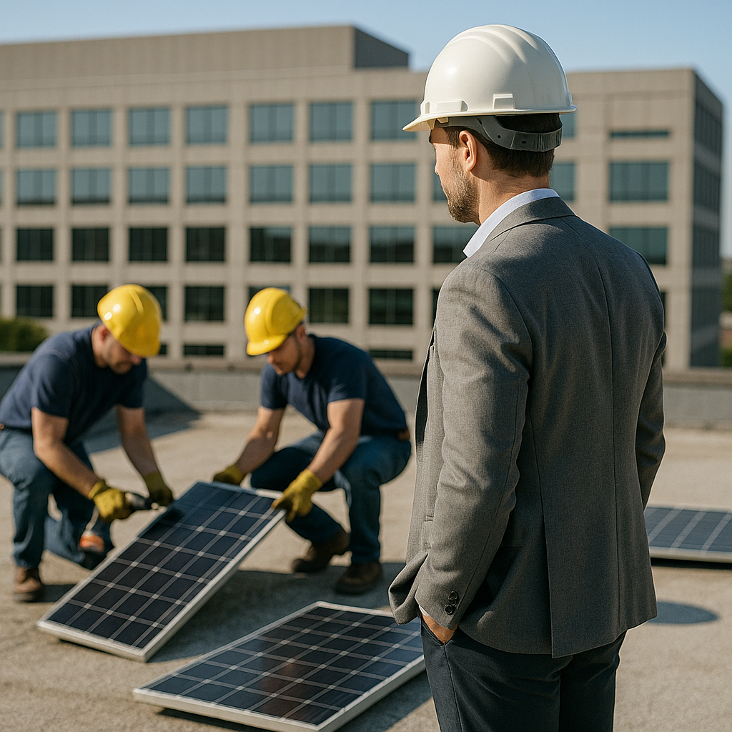 Removing Old Solar Panels Business owner examining old solar panels being removed from rooftop by technicians in bright daylight with an office building in the background.