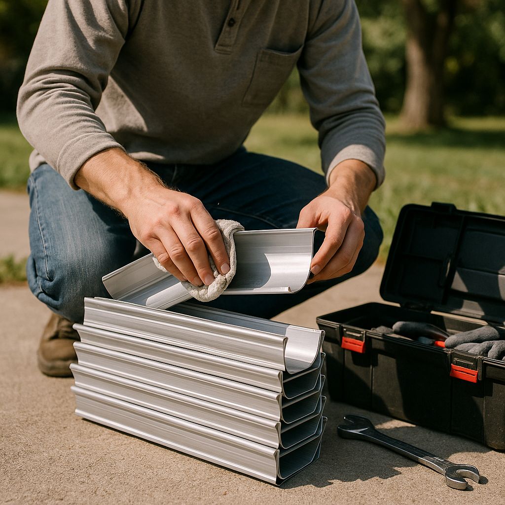 Cleaning Aluminum Gutters Person cleaning and neatly stacking aluminum gutters beside a toolbox on a sunny day